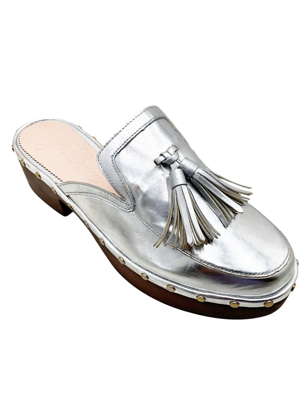 🆕{J. Crew} Dakota Metallic Silver Leather Tassel Clog Mules